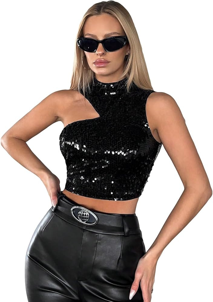 OYOANGLE Women's Glitter Sequin Crop Top Sleeveless Mock Neck Asymmetrical Party Cami Top | Amazon (US)
