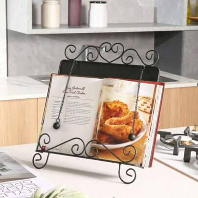 Metal Cookbook Stand, Black Recipe Book Holder For Kitchen With Scrollwork Design And Weighted Page Holder | SHEIN