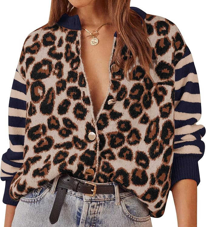 Leopard Striped Cardigans for Women Cheetah Open Front Sweater Knit Button Down Fall Clothes Long... | Amazon (US)
