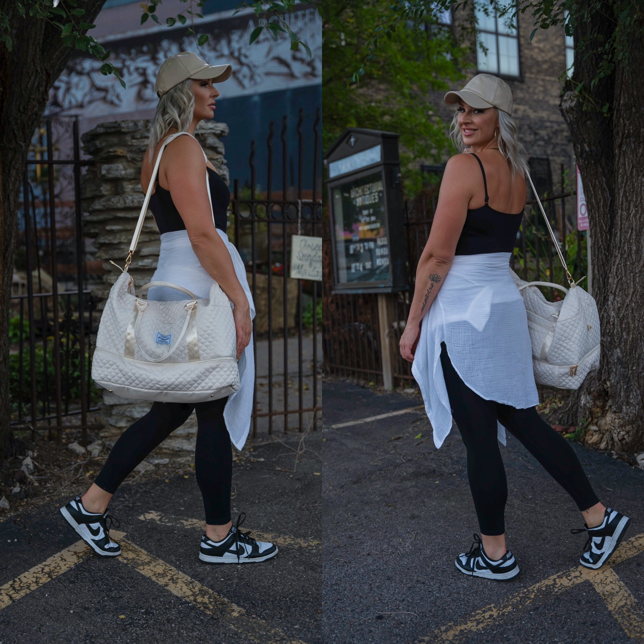 One of my favorite casual outfits. This seamless black body suit with an oversized button up, some sneakers, and a cute leather hat. This duffle I use both for gym and travel! The under pocket has a separate compartment for your shoes! 

#LTKstyletip #LTKfitness #LTKtravel