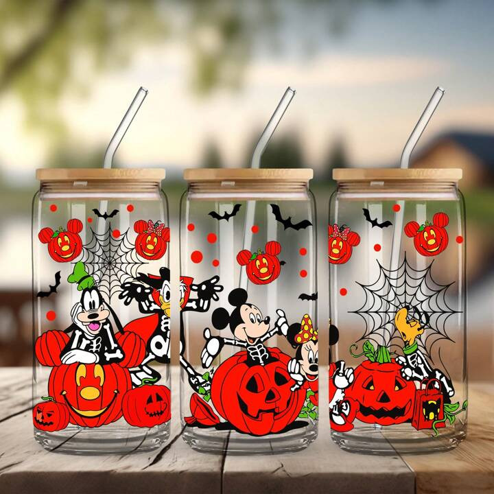 1pc Disney Mickey Mouse Christmas Pattern 16oz Glass Cup With Lid & Straw, Suitable For Tea, Juic... | SHEIN