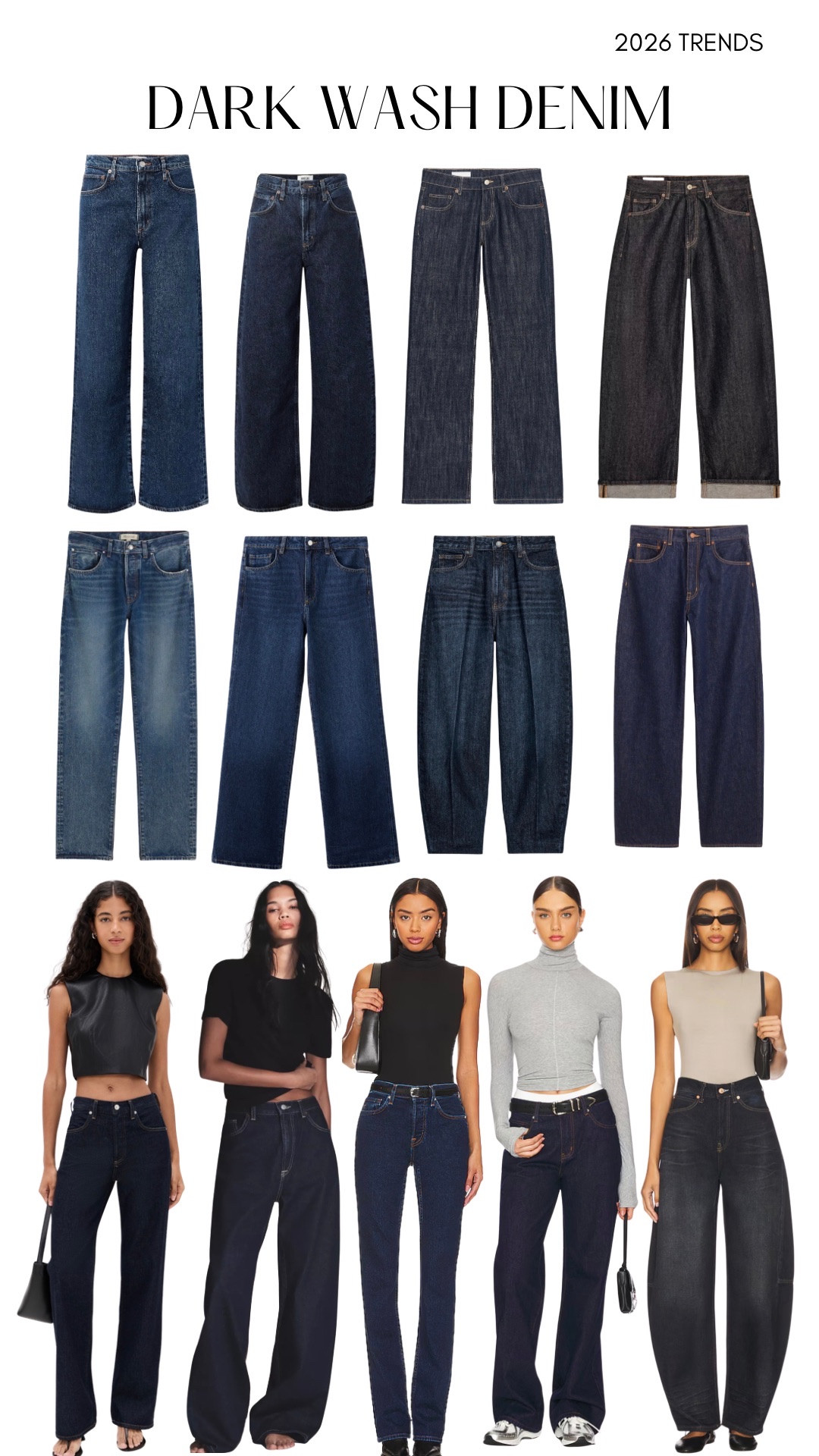 Tends 2026: Dark Wash Denim 
Shop wide leg, straight leg, cigarette, skinny, baggy and barrel jeans in dark wash. 

#jeans #dark #darkwash #darkblue #straightleg #wideleg #barreljeans #cigarrettejeans #skinnyjeans #baggy #baggyjeans #balloonjeans #darkdenim #denim #trendy #lowrise #midrise #highrise #trends #trends2026 #jean #winterdenim

#LTKWorkwear #LTKFindsUnder100 #LTKootd