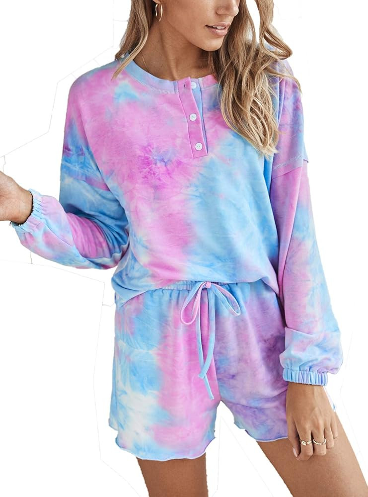 BTFBM Women Pajamas Tie Dye Print Long Sleeve Shirt Elastic Drawstring Shorts Pant PJ Set Sleepwe... | Amazon (US)