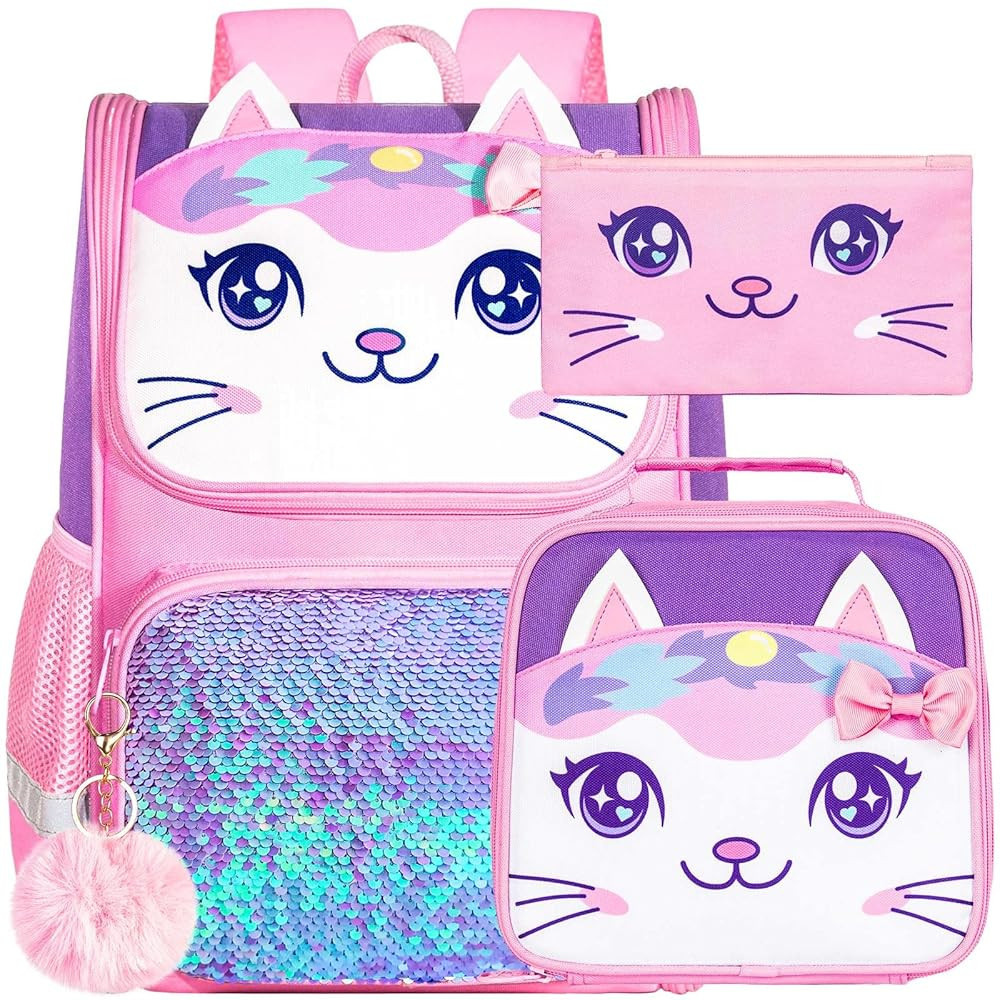 UFNDC 3PCS Kids Cat Backpack for Girls, 15" Sequin Bookbag with Lunch Box, Pink School Bag for El... | Amazon (US)