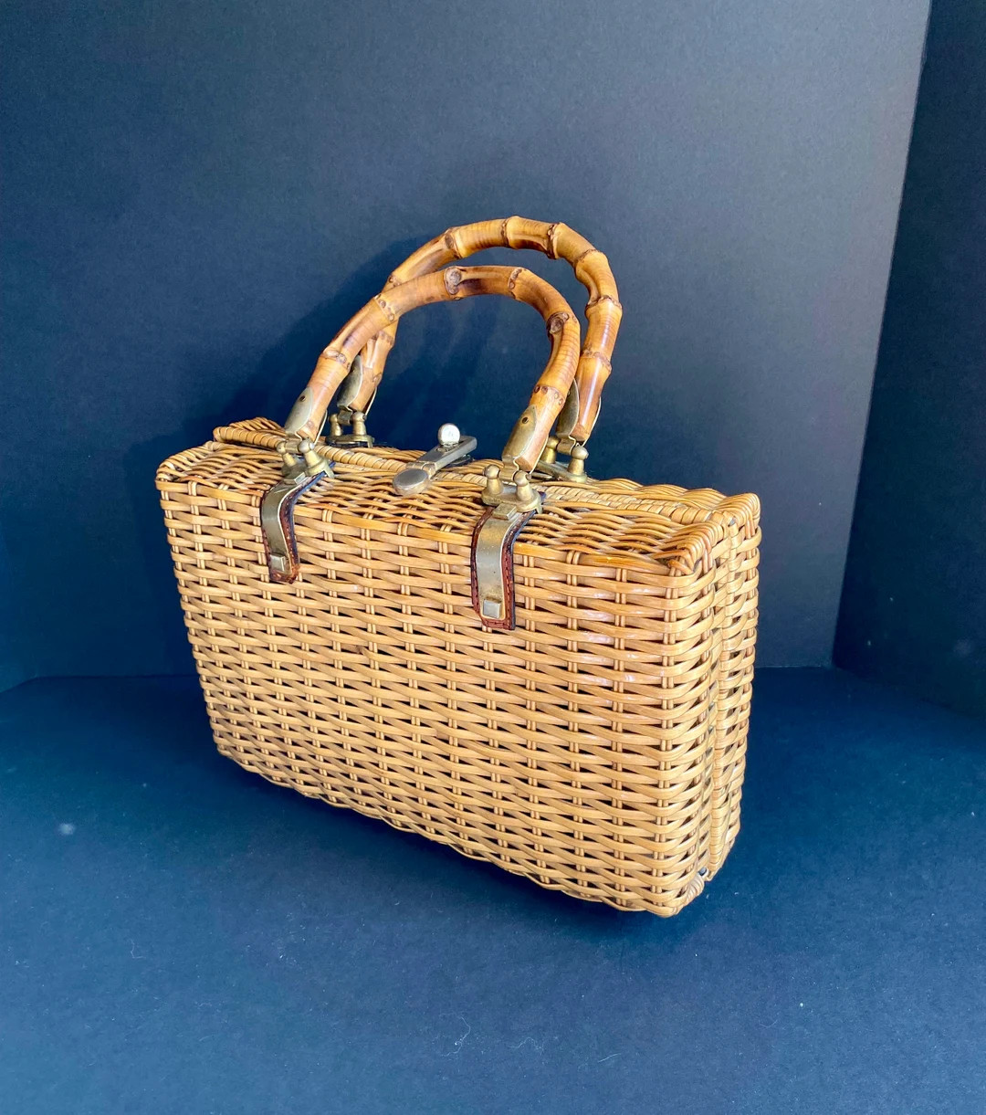 VTG Large Straw Bamboo Box Purse - Etsy | Etsy (US)