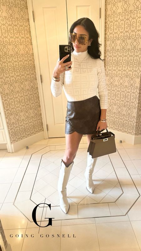 Brunch Vibes…. Wearing a size small in both the top & skirt. Sunnies are also on sale! I’ve linked multiple options of this look as well! 

🏷️ Brunch OOTD Winter Spring Fashion Leather Skirt Mock Neck Sweater Eggshell Knee High Boots

#LTKSeasonal #LTKshoecrush #LTKsalealert