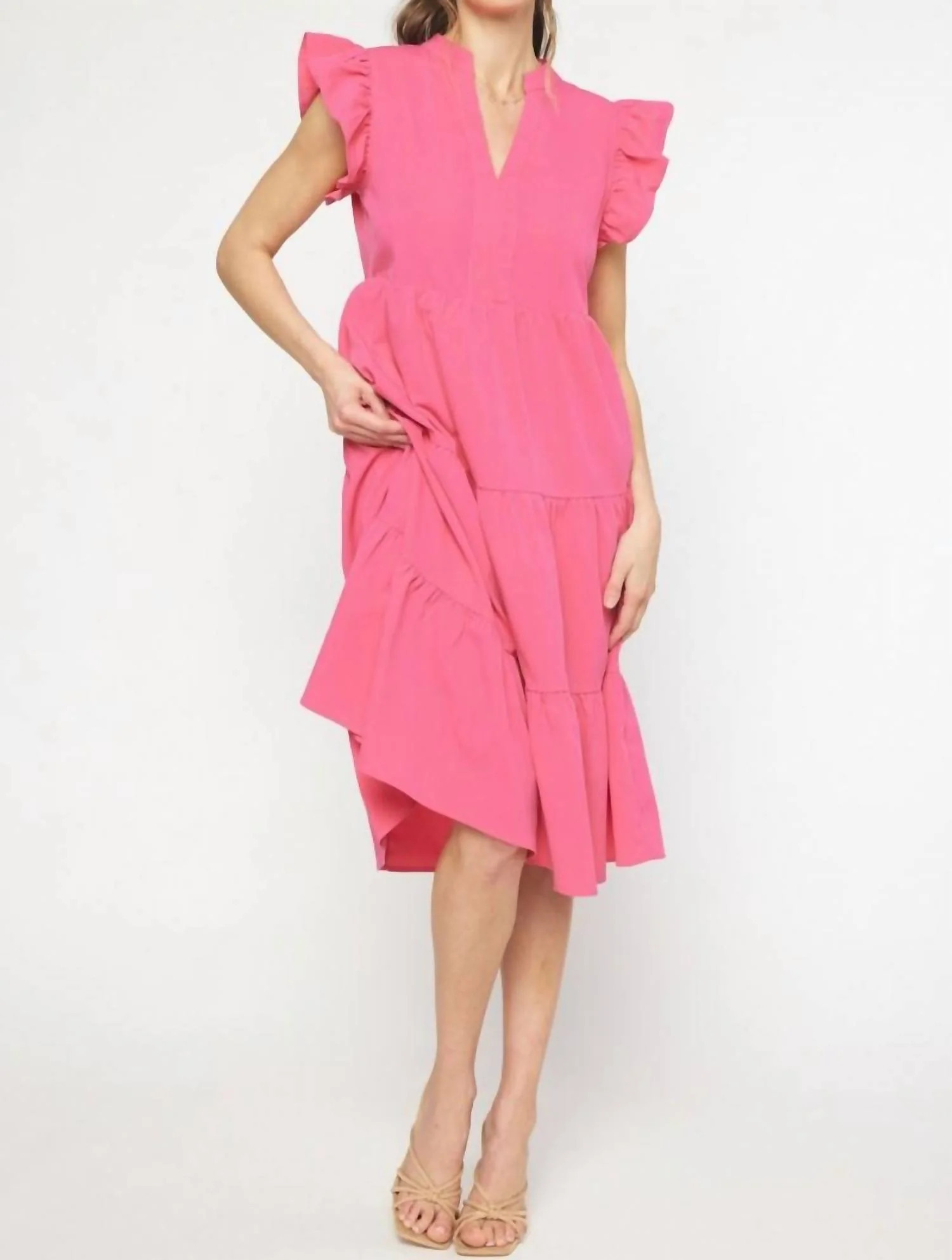 Ruffled Pocket Tiered Midi Dress In Hot Pink | Shop Simon