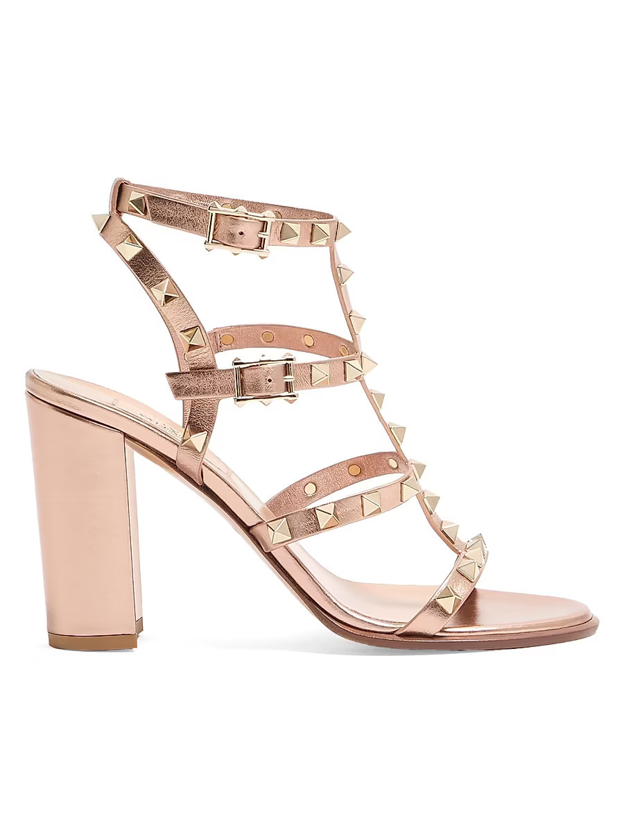 Women's Rockstud 90MM Laminated Calfskin Sandals with Straps - Rose Cannelle - Size 9.5 | Saks Fifth Avenue