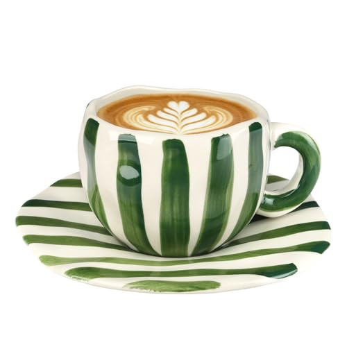 favovibee Ceramic Coffee Mug,Espresso Cup with Saucer,12oz Hand-Painted Vertical Striped Art Cute Aesthetic Cup with Handle,Porcelain Stylish Mug Set Suit for Tea Matcha Latter,Multiple Use,Green | Amazon (US)
