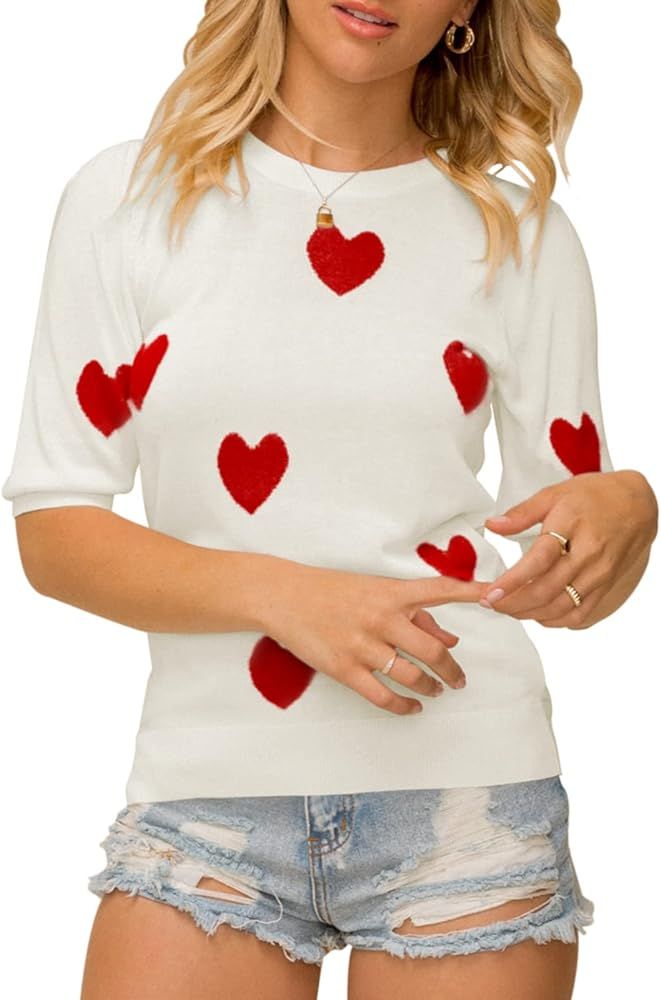 Chang Yun Women's Short Puff Sleeve Crew Neck Cute Heart Print Lightweight Knitted Pullovers Valentines Sweatshirt | Amazon (US)