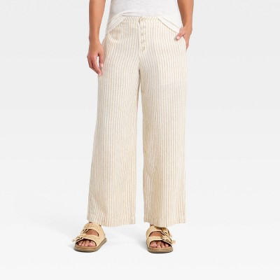 Women's Mid-Rise Linen Straight Leg Pull-On Pants - Universal Thread™ Tan Striped XL | Target