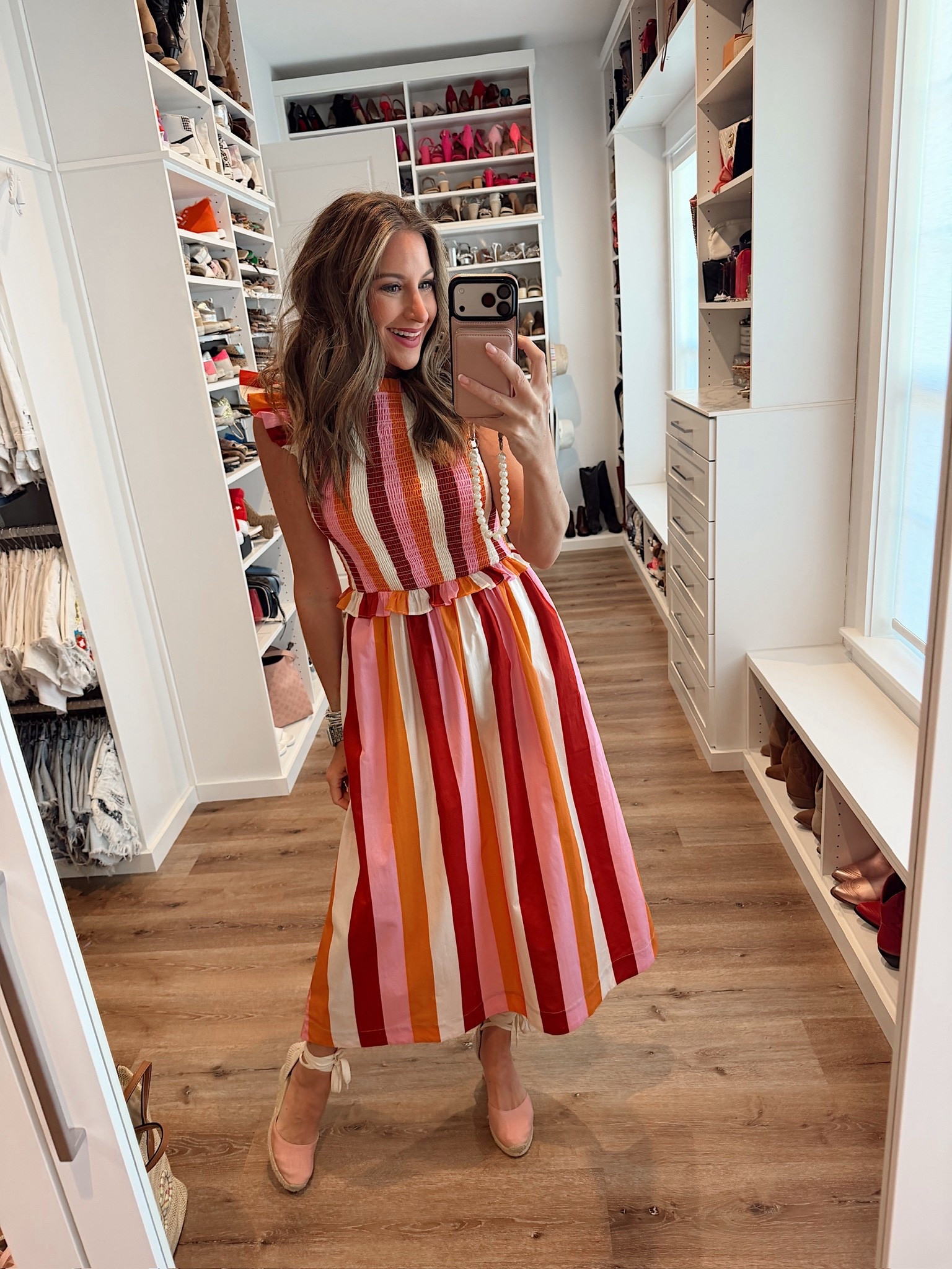 In a small colorful stripe maxi, tie up espadrille wedges and accessories - fits tts.

#LTKootd #LTKSeasonal #LTKMothersDay