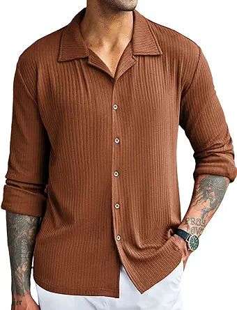 COOFANDY Men Fall Button Down Shirts Long Sleeve Cuban Shirts Knit Slim Fit Shirts Untuck | Amazon (US)