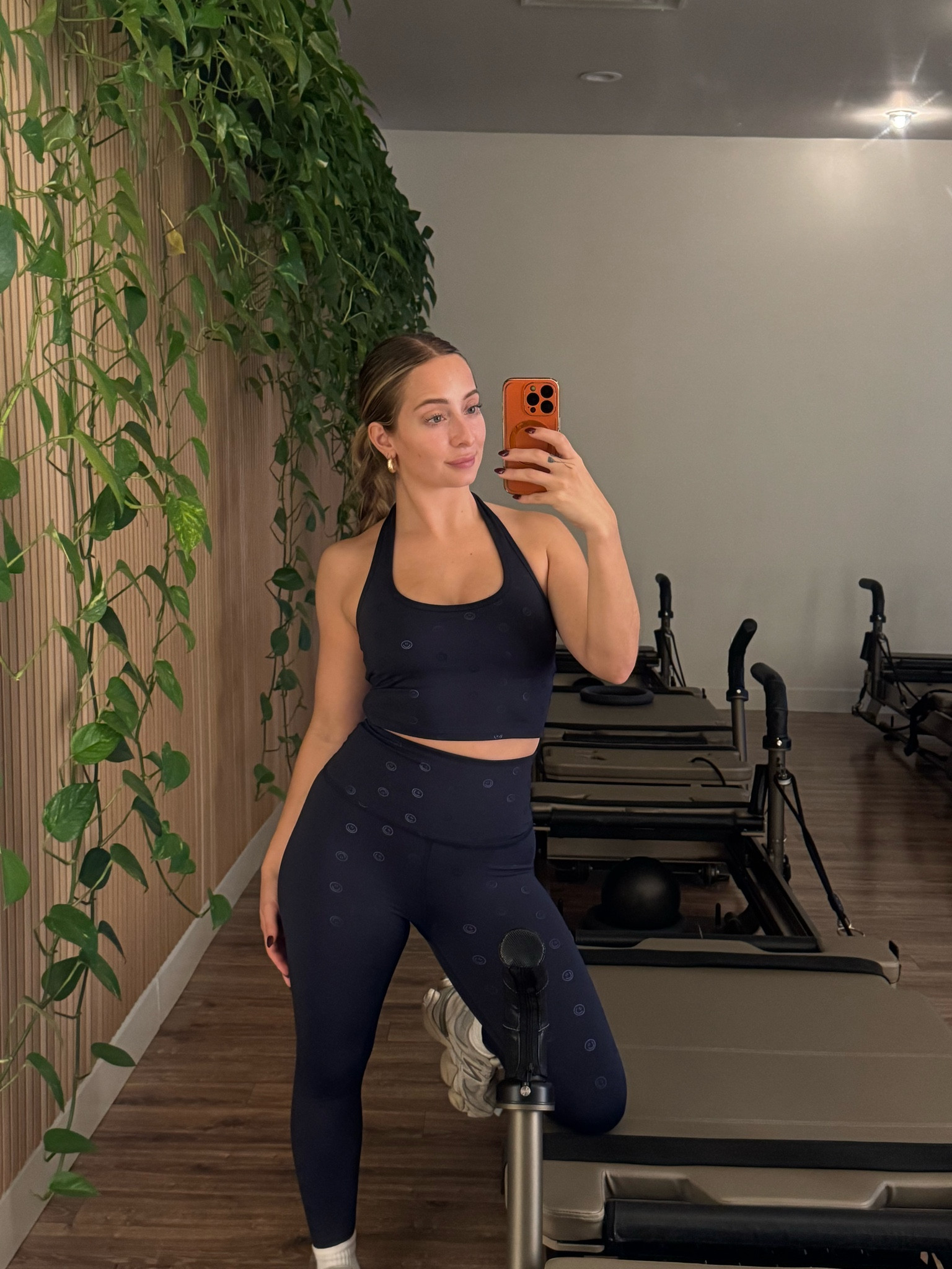 Navy smiley face set. Wearing a size small in both pieces. The halter top is so flattering and still feels supportive! 