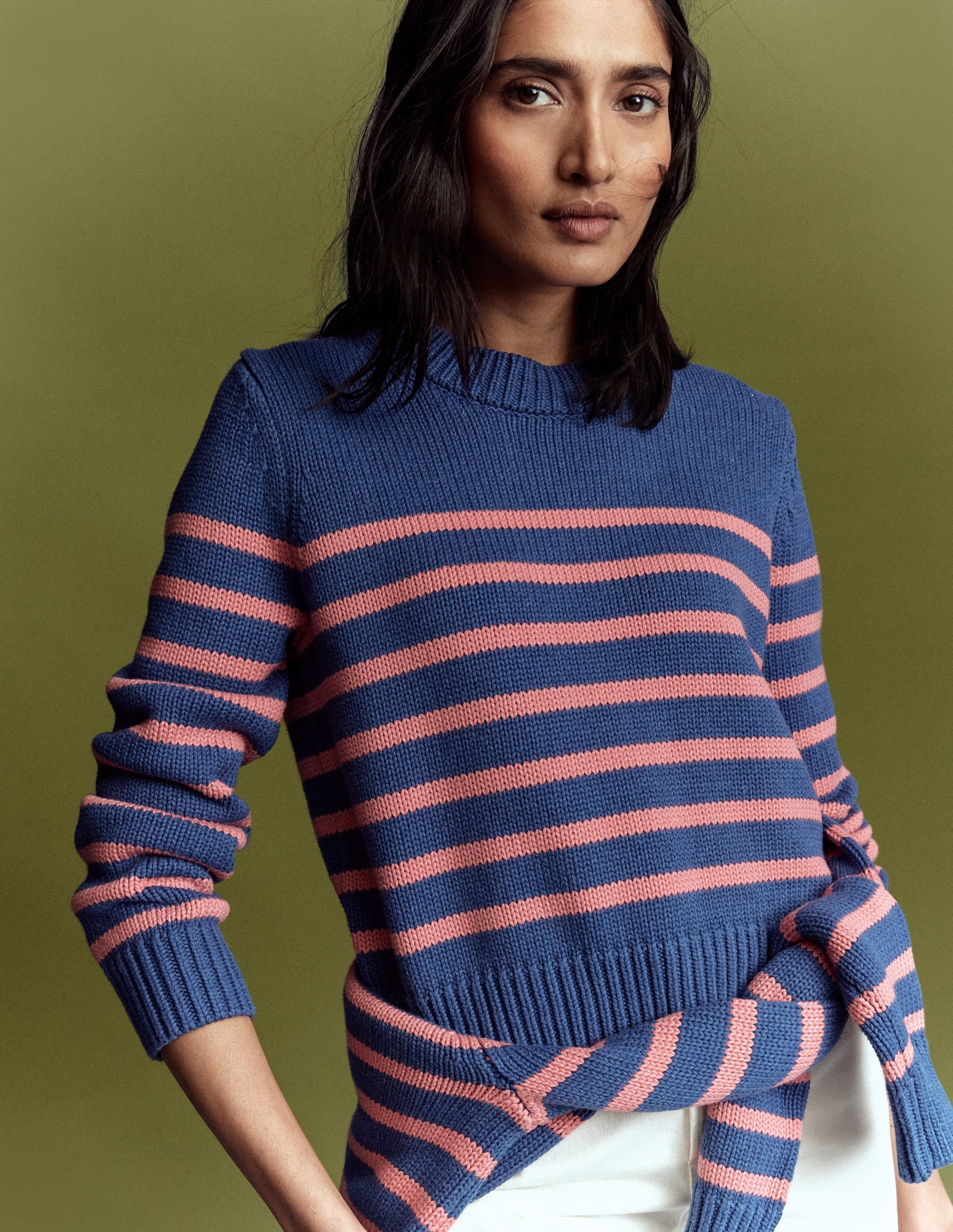 Lucy Chunky Cotton Sweater-Blue, Pink Stripe | Boden (US)