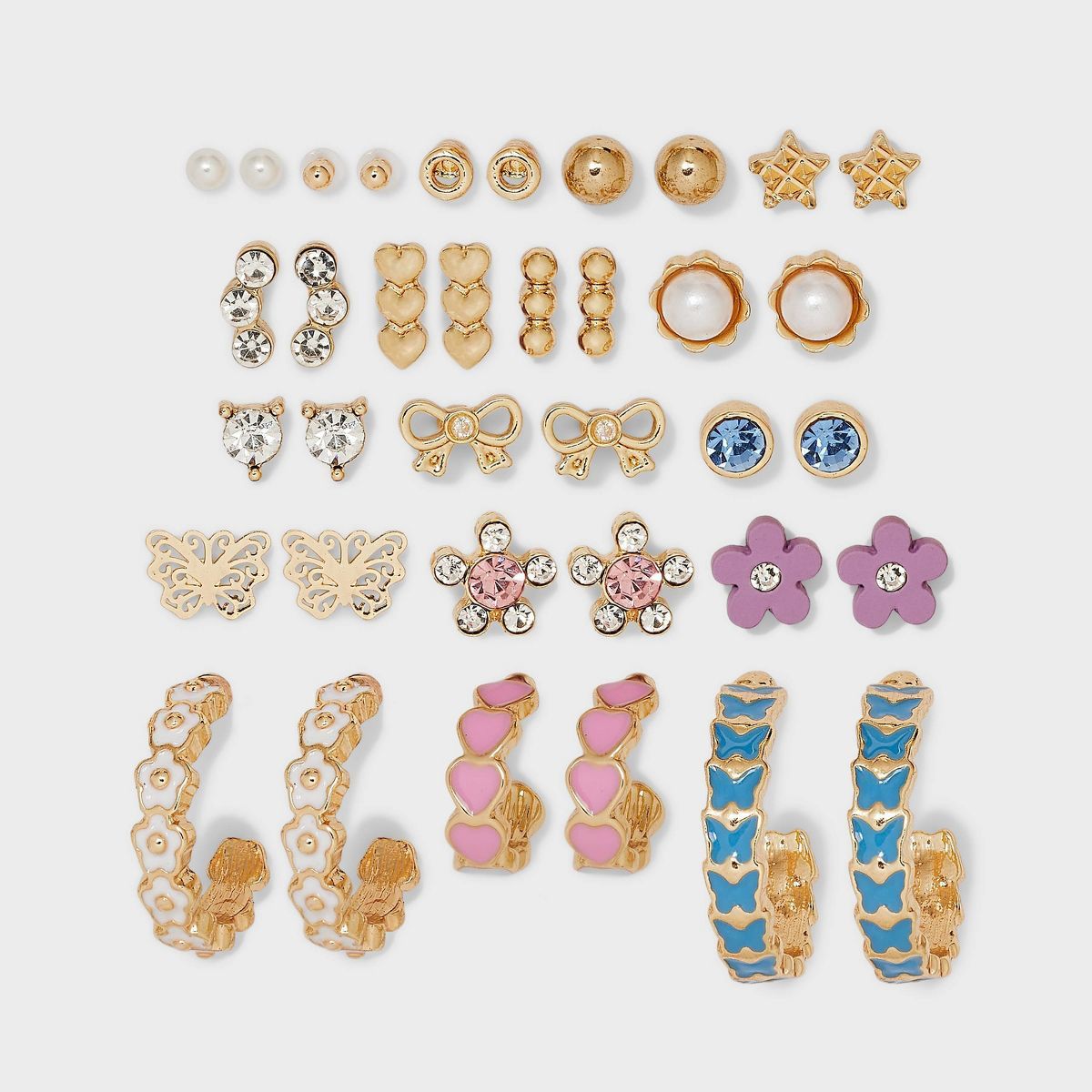 Floral Butterfly and Bow Stud Hoop Earring Set 18pc - Wild Fable™ Gold/Blue/Pink | Target
