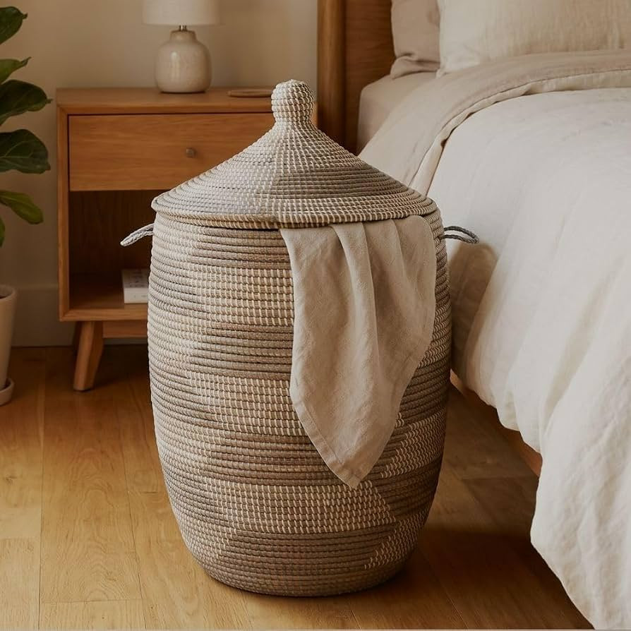 Tall Wicker Basket with Lid for Laundry, Blankets & Storage, Large Gray & White Hamper, 18" Wide ... | Amazon (US)