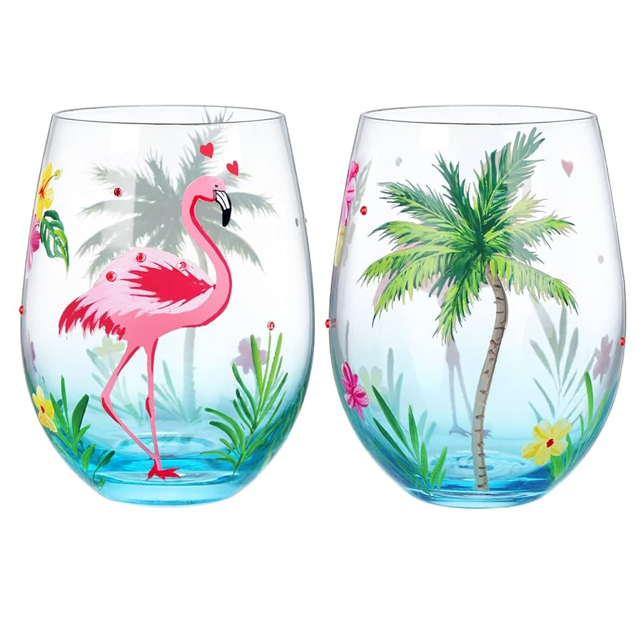 NymphFable Set of 2 Flamingo Stemless Gin Cocktail Glass Tumbler Hand Painted Wine Glass Flamingo... | Amazon (US)