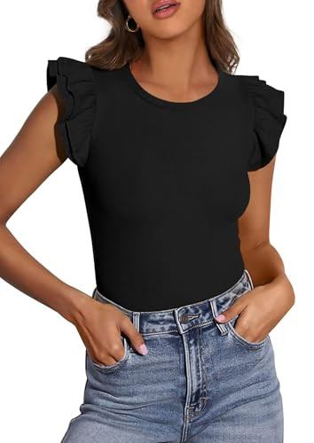 PRETTYGARDEN Womens Summer Crew Neck T Shirts 2026 Trendy Ruffle Sleeve Slim Fit Knit Going Out Tops Casual Spring Clothes (Black,Small) | Amazon (US)
