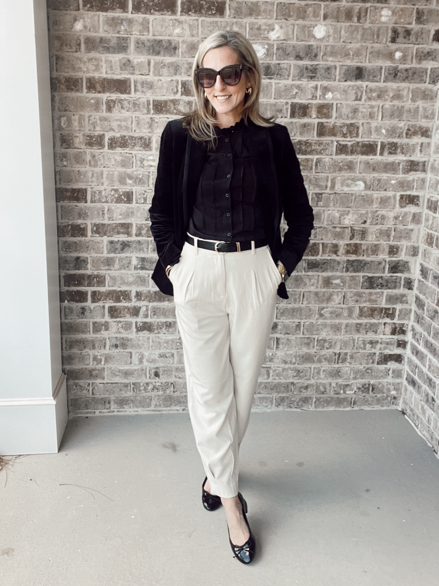 Workwear inspiration// Amazon jogger (several color options) // black button up ruffle shirt // add any blazer on top! 

#LTKworkwear #LTKstyletip #LTKover40