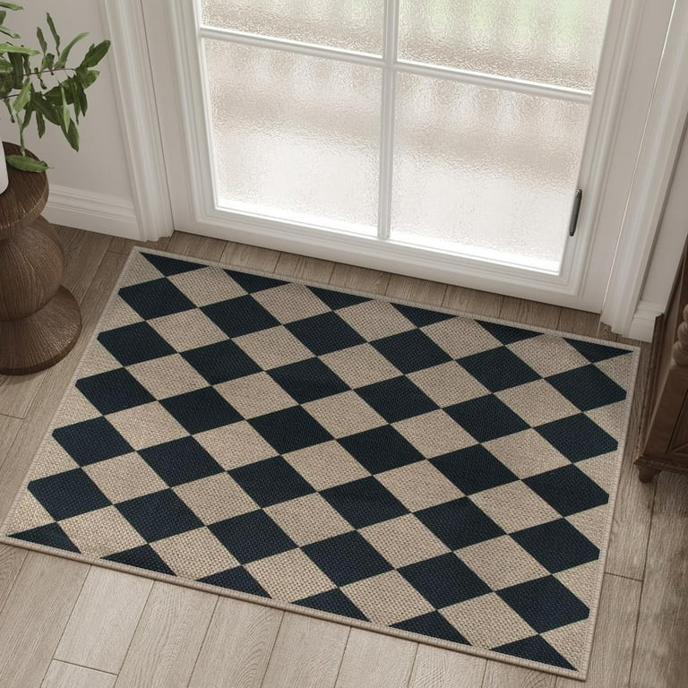 Easy Jute Checkered Entryway Rug, 2x3 Black Modern Indoor Outdoor Doormat, Washable Non-Slip Neut... | Walmart (US)