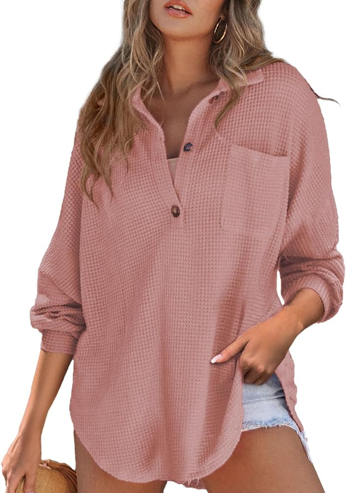 Astylish Women Waffle Knit Tops Henley Shirts Long Sleeve V Neck Solid Color Casual Tunic | Amazon (US)