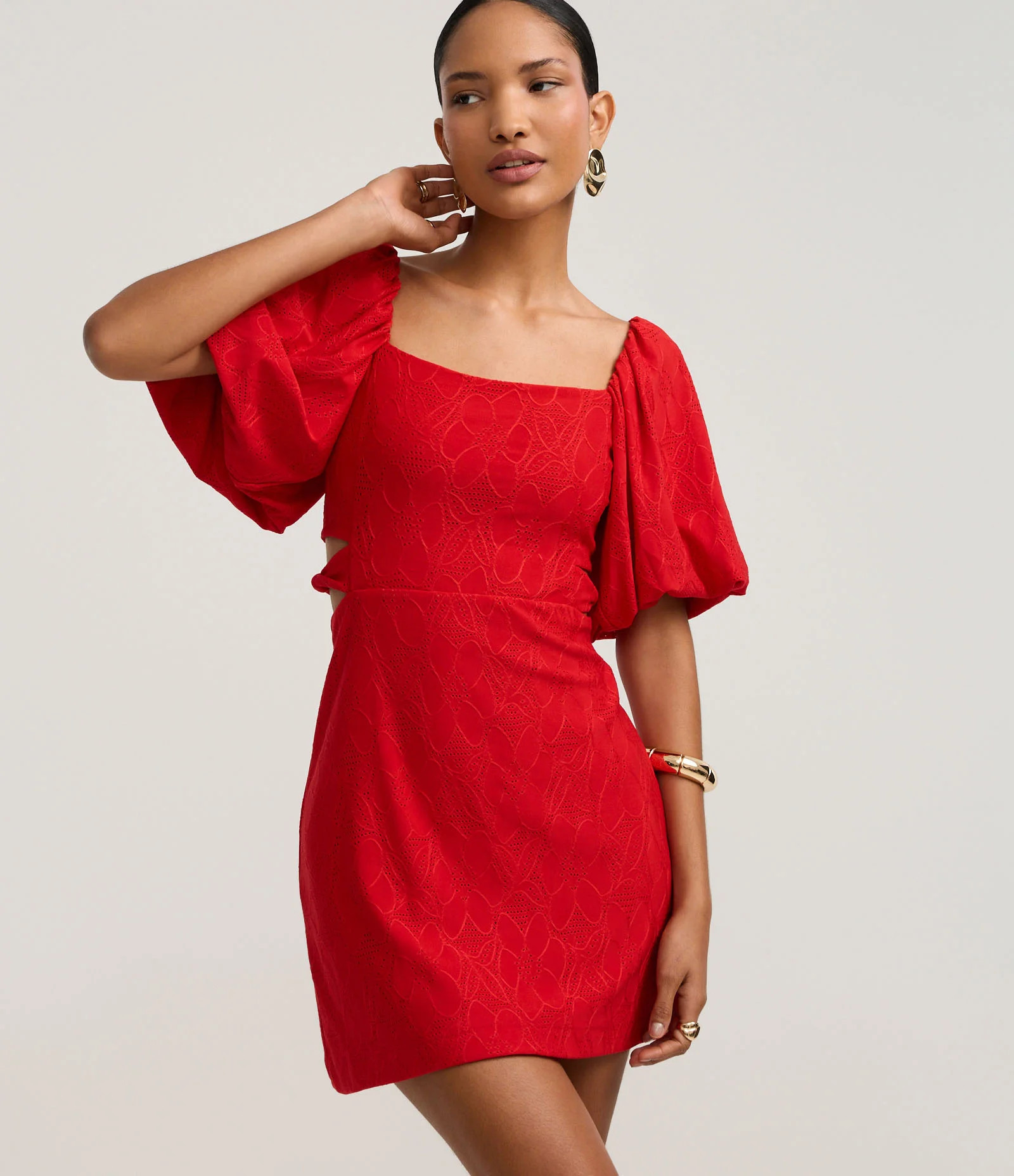 Vestido Evasê Manga Bufante em Laise com Flores Texturizadas Vermelho - Lojas Renner | Renner (BR)