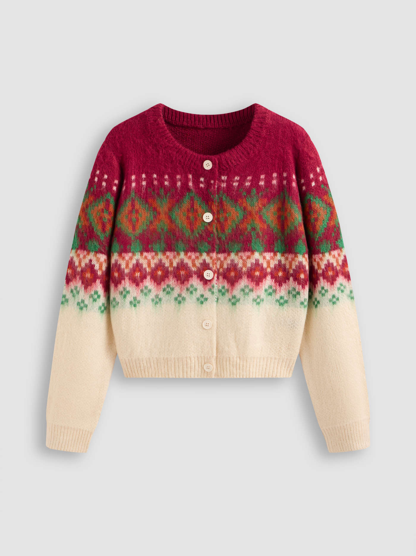 Knit Round Neckline Fair Isle Cardigan | Cider