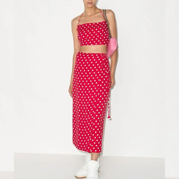 NWOT Reformation Voyage Two Piece Set in Campari Red White Polka Dots Midi Skirt | Poshmark