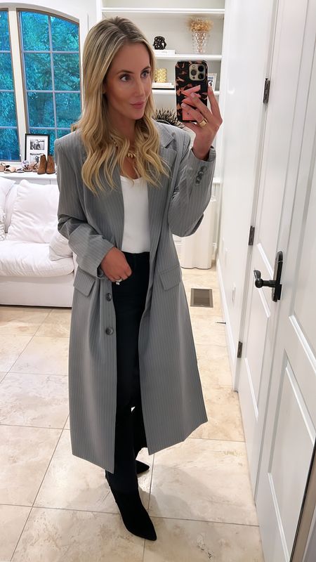 I love these black/grey jeans and this oversized grey blazer coat. Size down one in the coat. Jeans run TTS. I am in the 2. 

#LTKunder100 #LTKsalealert #LTKxNSale