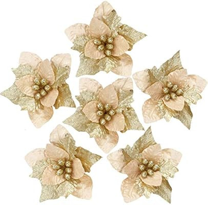 Sea Team 6-Pack Artificial Glitter Poinsettia Christmas Flower Ornaments Tree Decorations, 10-inc... | Amazon (US)