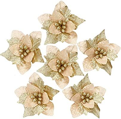 Sea Team 6-Pack Artificial Glitter Poinsettia Christmas Flower Ornaments Tree Decorations, 10-inc... | Amazon (US)