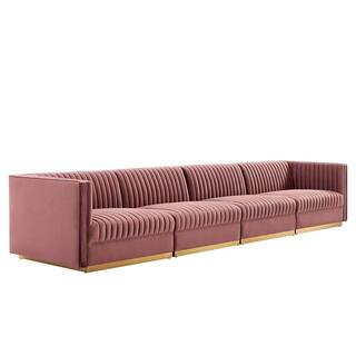MODWAY Sanguine 154 in. W Channel Tufted Performance Velvet 4-Seat Modular Sectional Sofa in Dusty R | The Home Depot