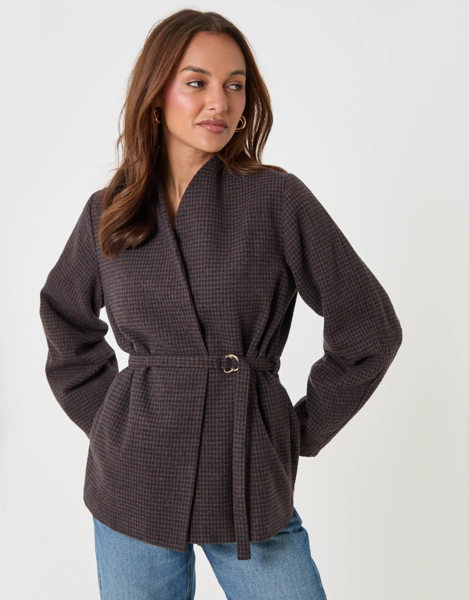 Faux Wool Cocoon Blazer in Brown Check | Threadbare
