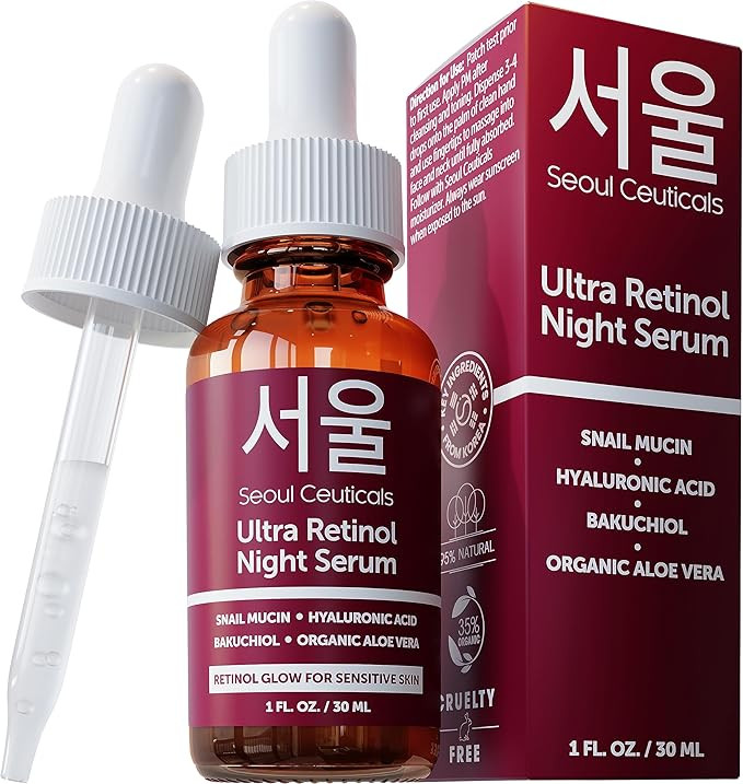 SeoulCeuticals 1% Korean Retinol Night Serum for Face - 97.5% Snail Mucin + Hyaluronic Acid + Bak... | Amazon (US)