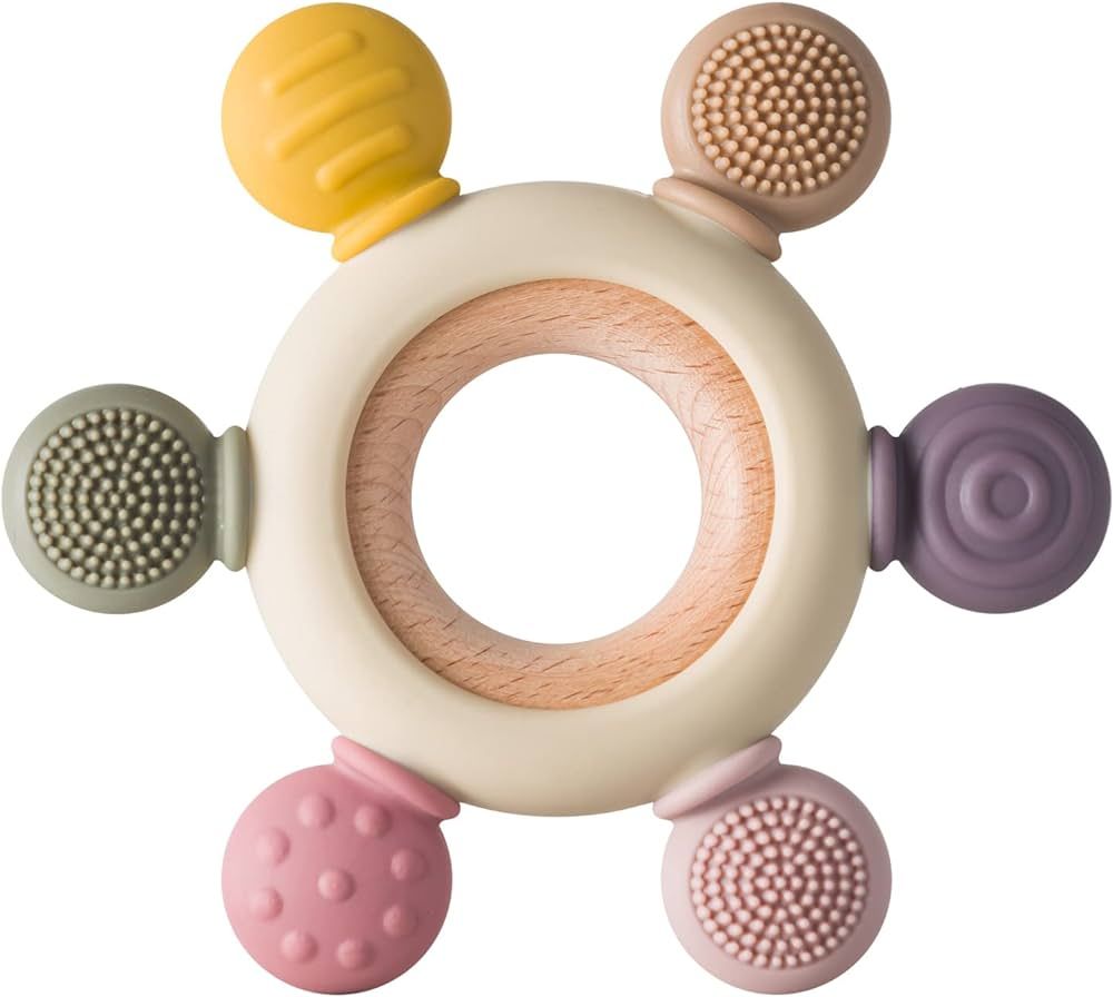 Arudyo Baby Teething Toys Silicone Teethers BPA Free Silicone Rudder with Wooden Ring Soothe Babi... | Amazon (US)