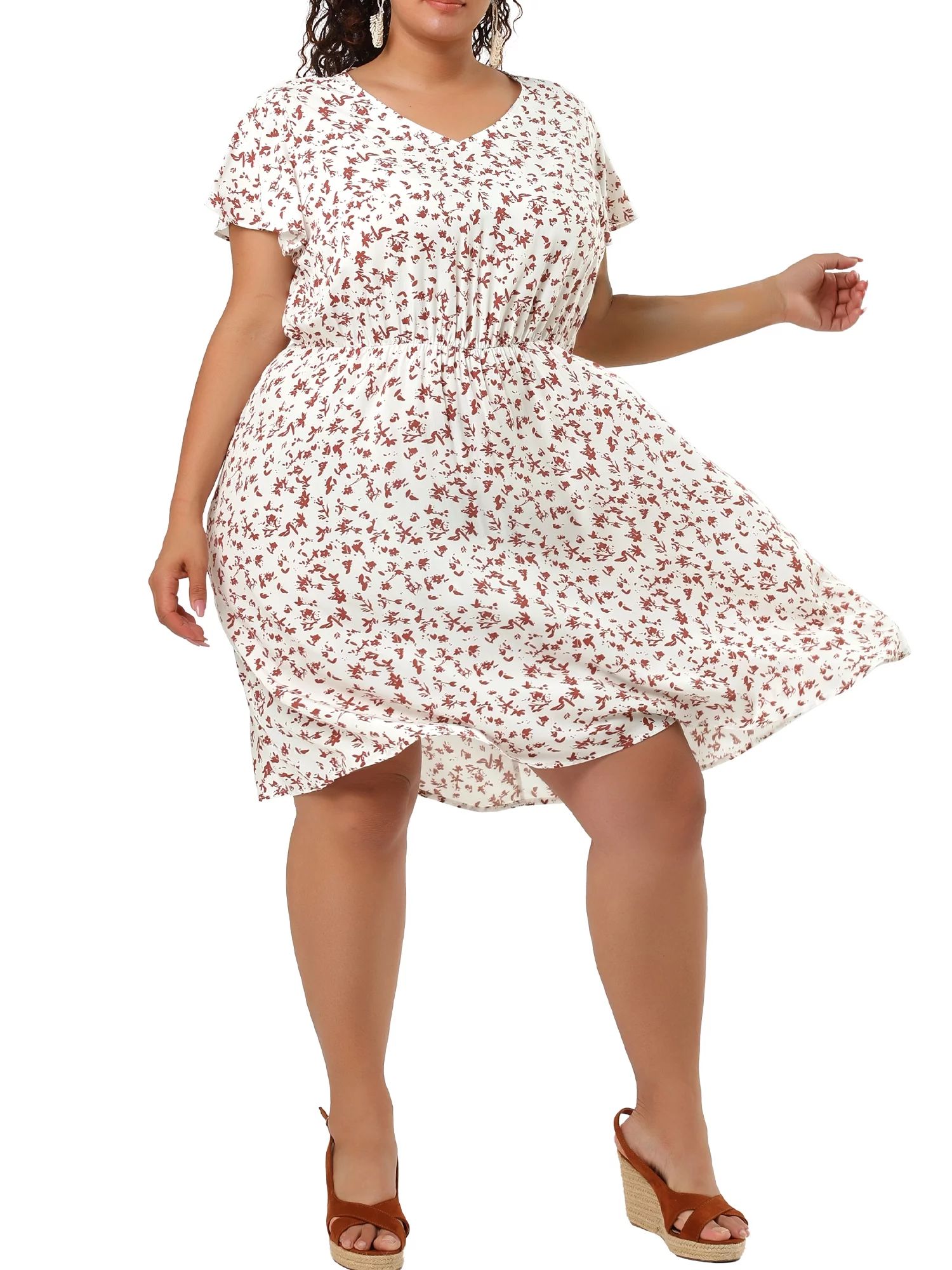 Agnes Orinda Women's Plus Size Summer V Neck Ditsy Floral Peplum Midi Dress | Walmart (US)
