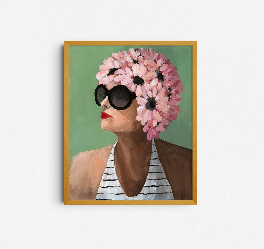 Flower Swim Cap Wall Art Print, Woman in Oversized Sunglasses Portrait, Retro Vintage Fashion Ill... | Etsy (US)