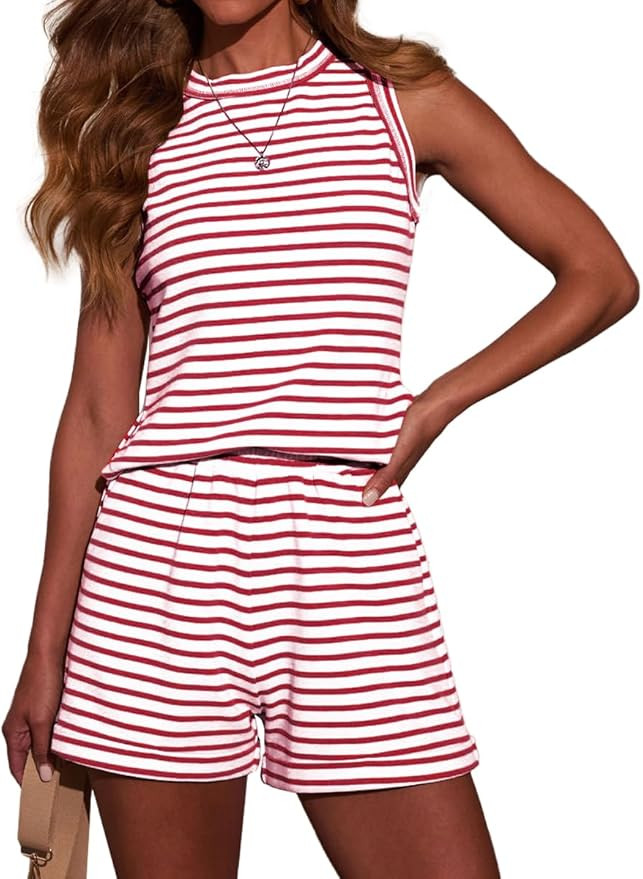 Amazon.com: Sotimoon Womens 2 Piece Short Sets Sleeveless Tank Top and Shorts Soft Striped Lounge... | Amazon (US)