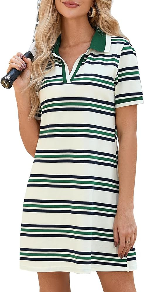 YEXPINE Women's Striped Polo Dress Short Sleeve V Neck 2026 Summer Casual Mini Dress | Amazon (US)