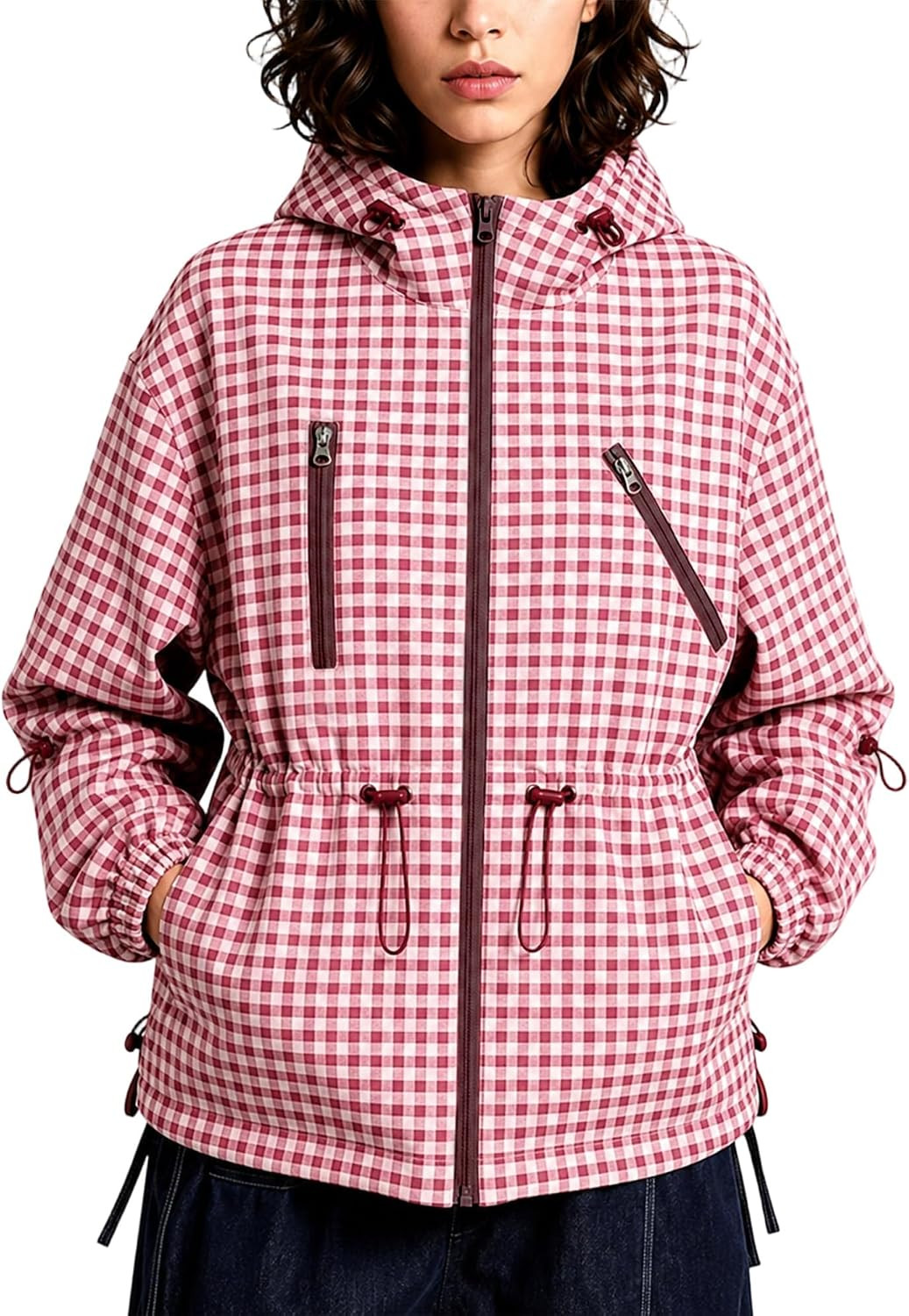 Colorful world Women Hooded Plaid Jacket Zip Up Drawstring Waist Outdoor Coat Lightweight Casual Outerwear with Pockets | Amazon (US)