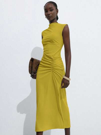 Aveloria Modichic Elegante vestido de tubo con cuello de babero, mangas cortas, cintura con recogidos y pliegues, largo hasta el suelo y abertura, diseño elegante para damas - Talla M | SHEIN