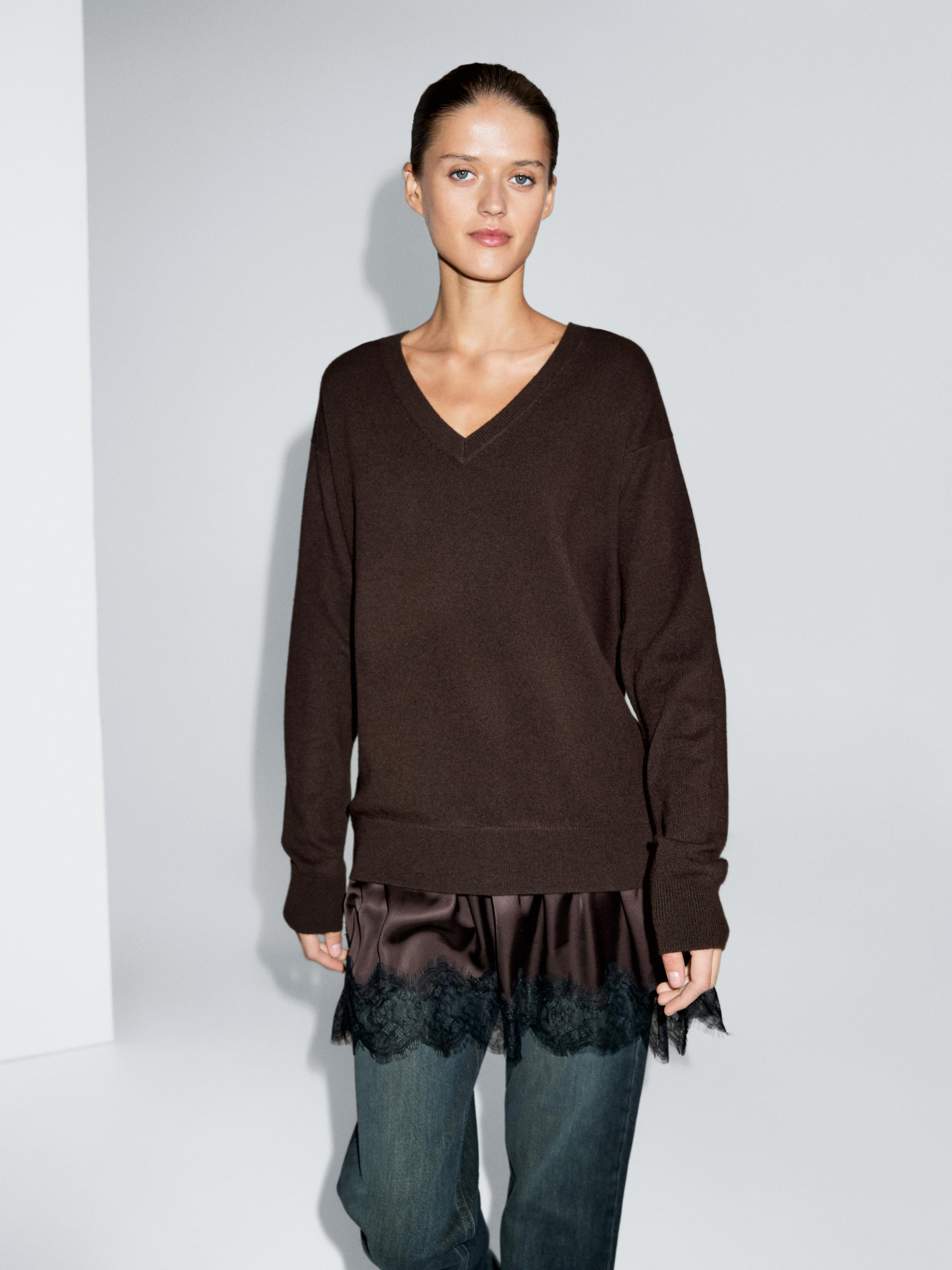 Long knit sweater with contrast lace | Massimo Dutti UK