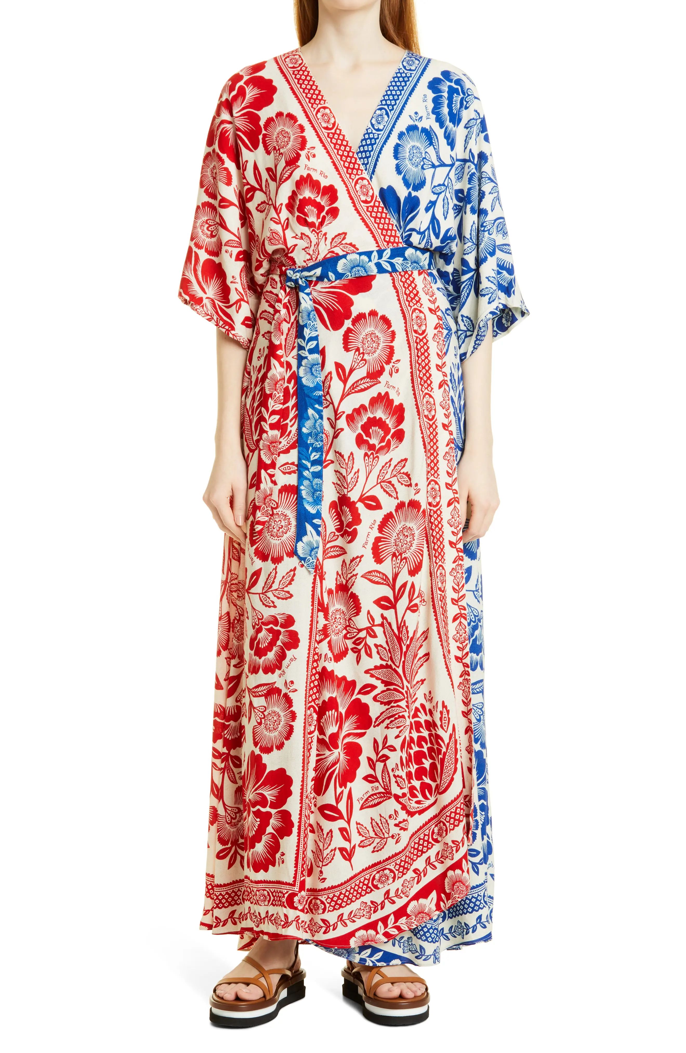 FARM Rio Pineapple Garden Colorblock Wrap Dress in Red And Blue at Nordstrom, Size X-Large | Nordstrom