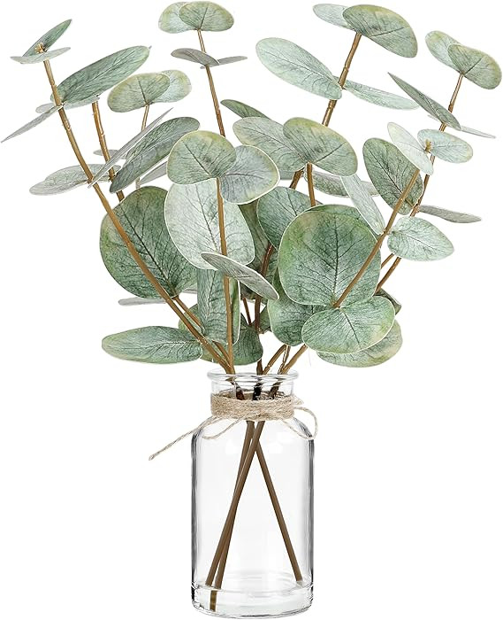 13 Inches Artificial Eucalyptus Stems in Glass Vase with Faux Water, Realistic Fake Plant Eucalyp... | Amazon (US)
