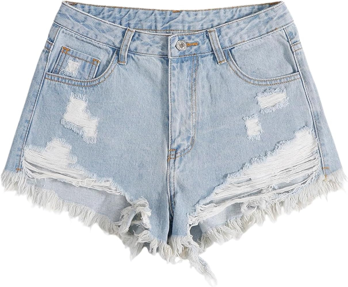 SOLY HUX Women's Ripped Raw Hem Jean Shorts High Waisted Straight Leg Denim Shorts Streetwear | Amazon (US)