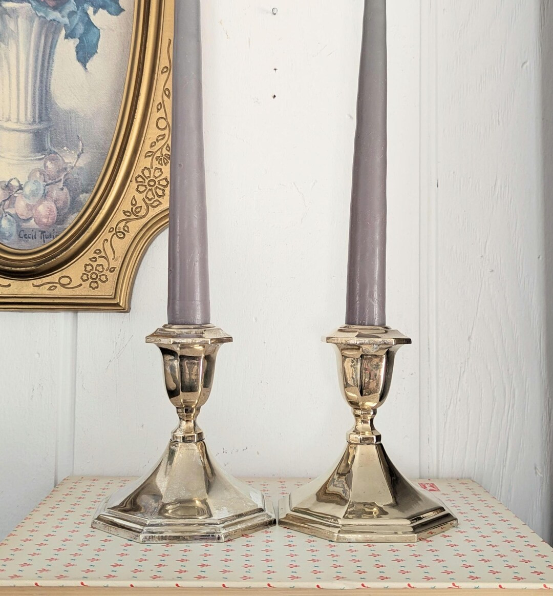 Vintage Pair of Silver Plated Taper Candlestick Holders, Octagonal Base, 4"x4" | Etsy (US)