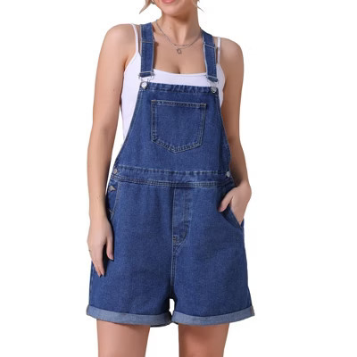 INSPIRE CHIC Women's Denim Overall Casual Outfits Adjustable Strap Bib Romper Jean Shorts Dark Blue Large | Target