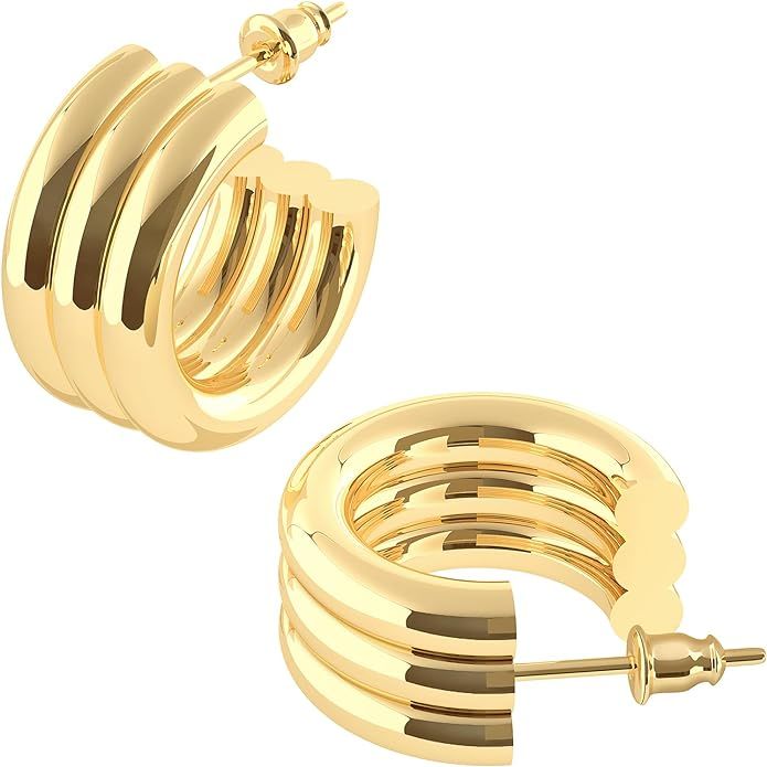 14K Gold Plated Post Thick Huggie Earrings - Hypoallergenic Round Hoop Earrings in Yellow Gold Pl... | Amazon (US)
