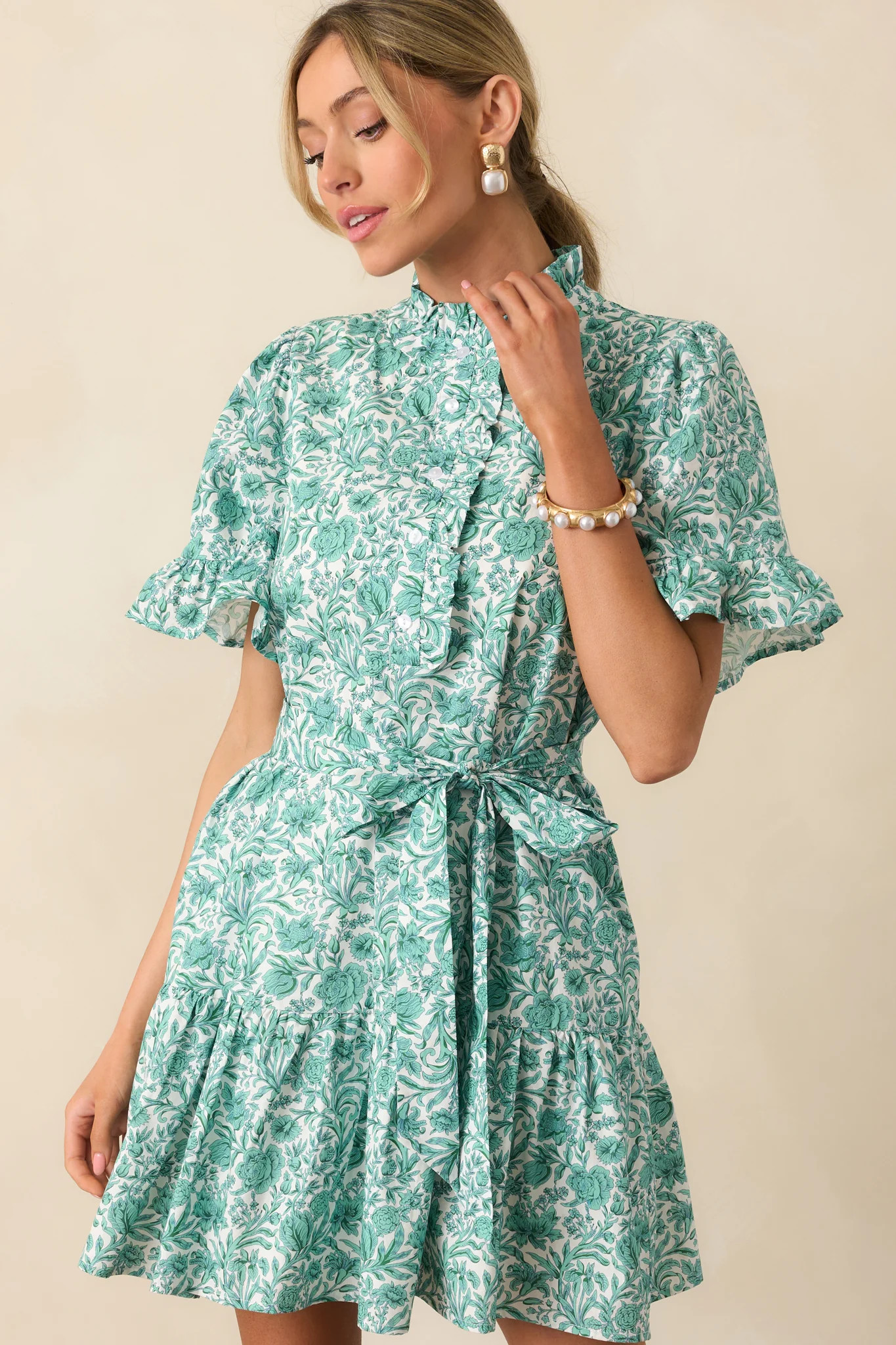 The Right Timing Teal Green Floral Cotton Mini Shirt Dress | Red Dress
